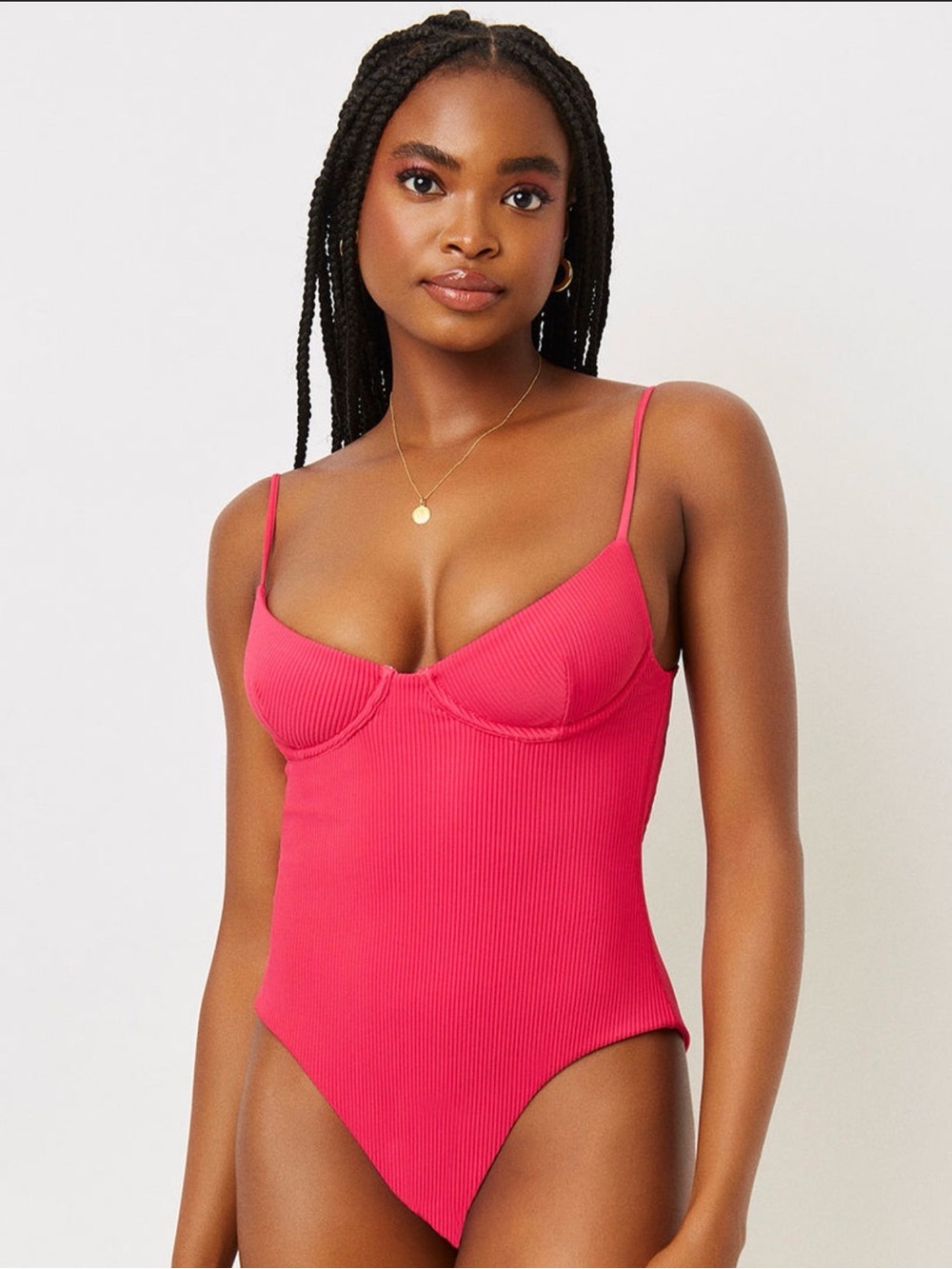 Frankie’s Bikinis Marie NWOT, Ribbed Underwire One-piece swimsuit Hot Pink S